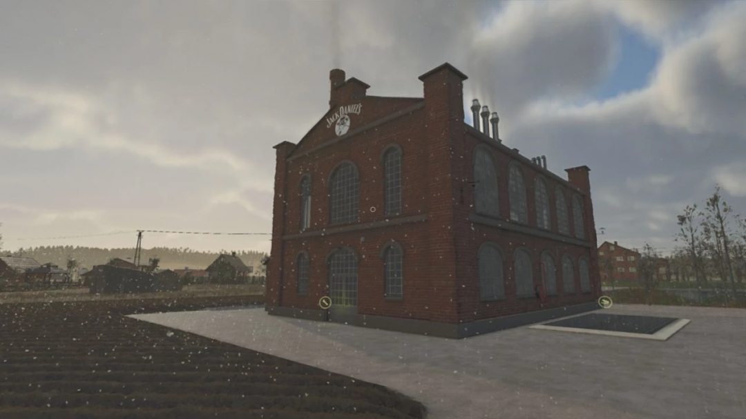 Whiskey factory mod in FS25, featuring a red brick distillery building under a cloudy sky.