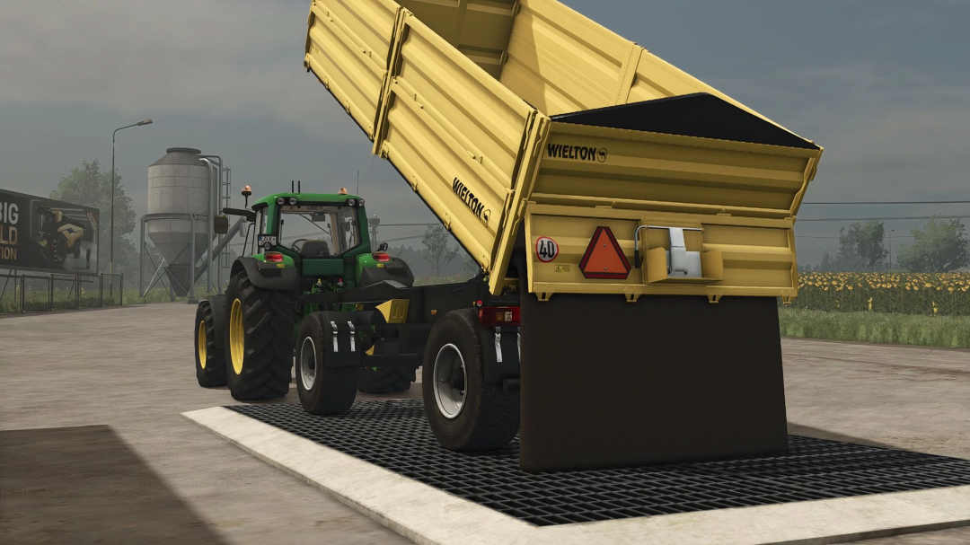 FS25 mods image showing the Wielton Pack v1.0.0.0 with a tractor and large yellow trailer in Farming Simulator 25.