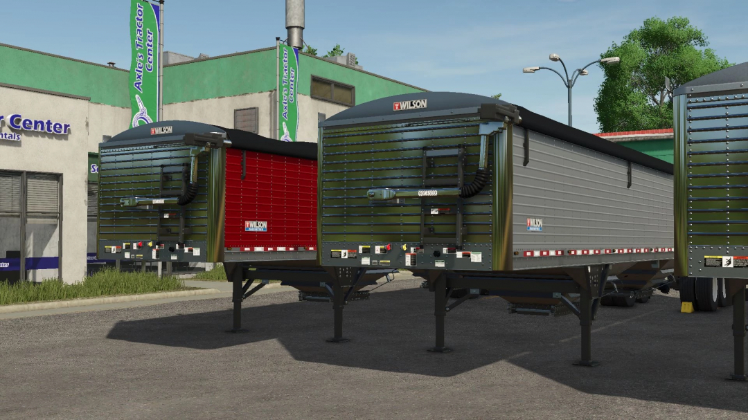 Wilson Pacesetter trailers in FS25 mods displayed at Axle's Tractor Center, featuring v1.1.0.0 update.