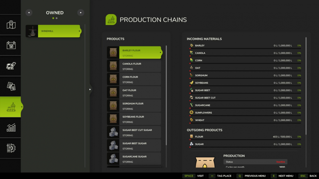 Farming Simulator 25 windmill mod interface showcasing production chains, incoming materials, and product storage options.