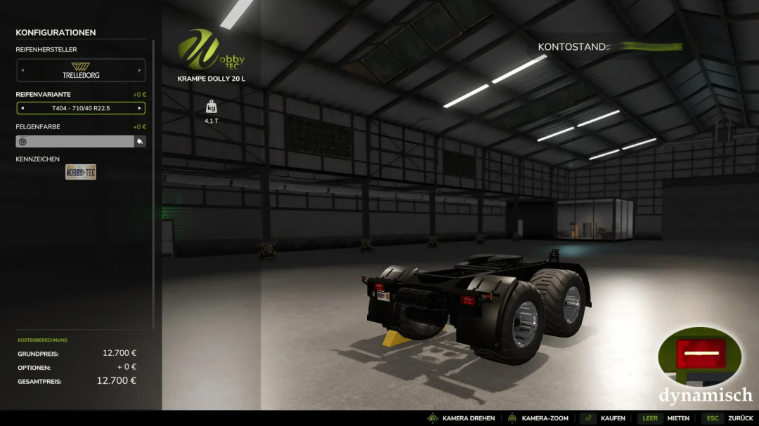 FS25 mod WobbyTec Krampe Pack v1.0.0.0 showing Krampe Dolly 20 L configuration in a warehouse.