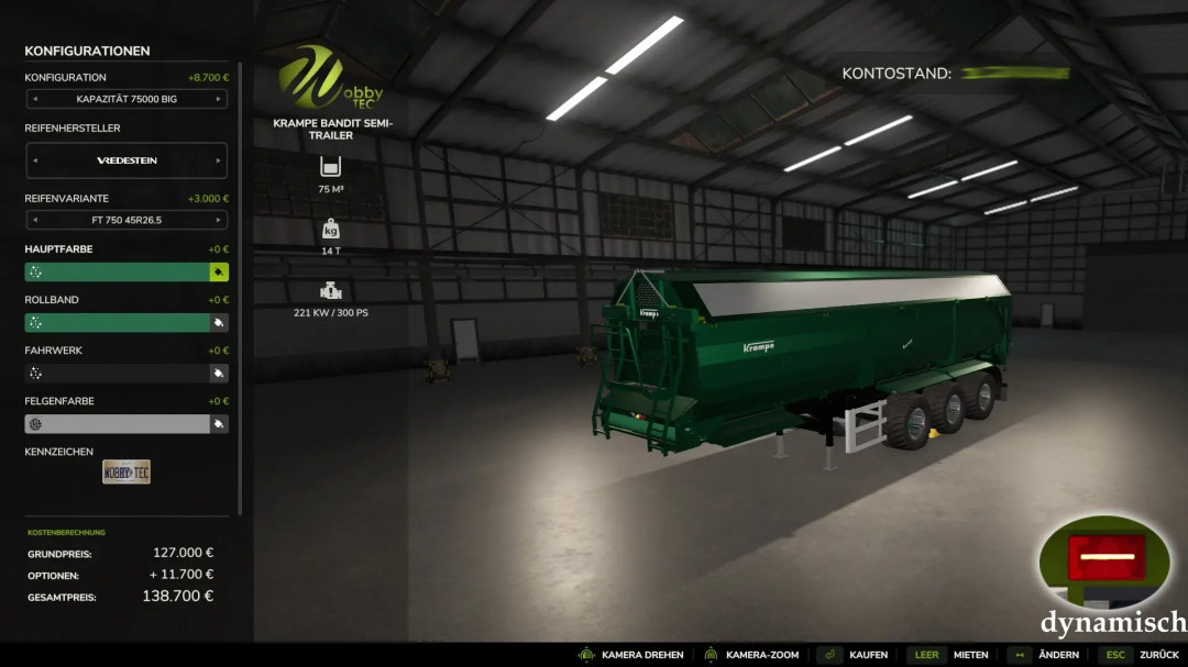 FS25 mod: WobbyTec Krampe Pack semi-trailer in a virtual garage. Features configurations, colors, and prices for Farming Simulator 25.