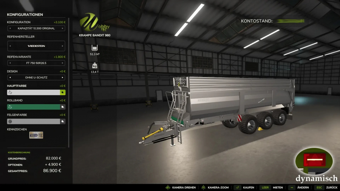 FS25 mod WobbyTec Krampe Pack v1.0.0.0 trailer configuration options in a virtual garage.