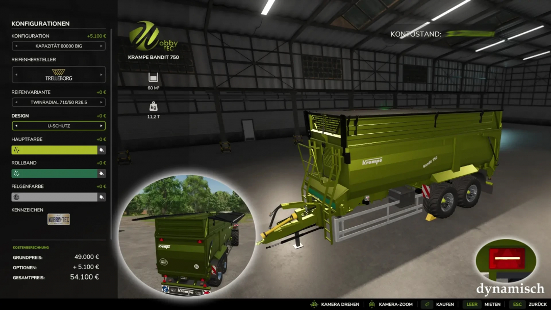 FS25 mod WobbyTec Krampe Pack v1.0.0.0 showcasing Krampe Bandit 750 trailer customization options.