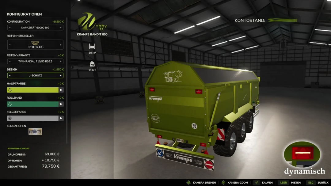 FS25 WobbyTec Krampe Pack trailer configuration screen in Farming Simulator 25 mod, showing green trailer with specifications.