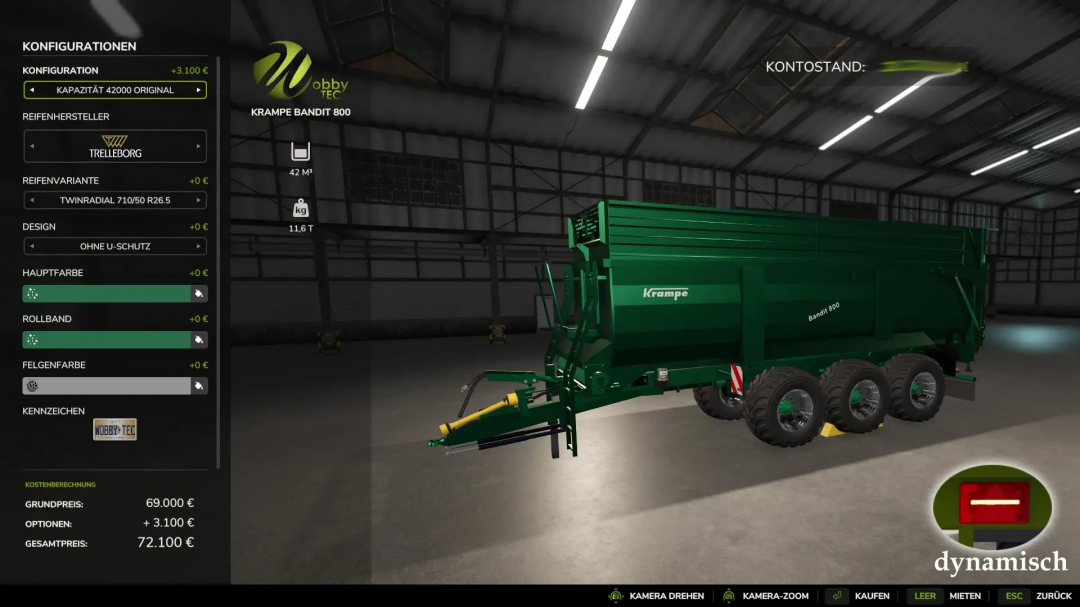 FS25 mod image showing WobbyTec Krampe Bandit 800 trailer configuration with price details and customization options.