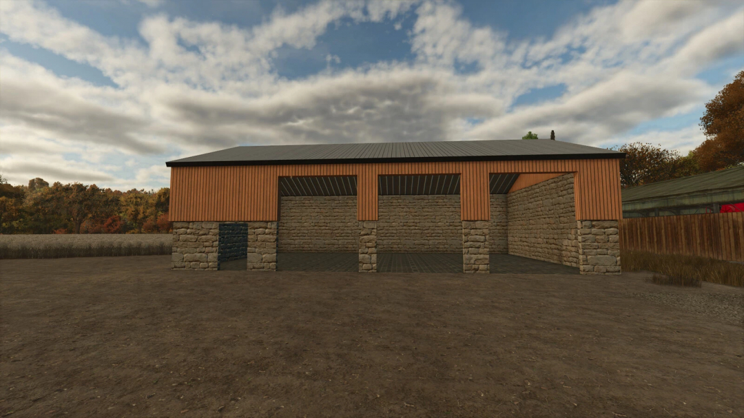 FS25 mod showing a wooden cladded machine shed with stone base under a cloudy sky.