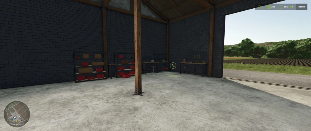 Interior view of the Workshop in Hall mod for FS25, showing tools and equipment in a brick-walled garage.