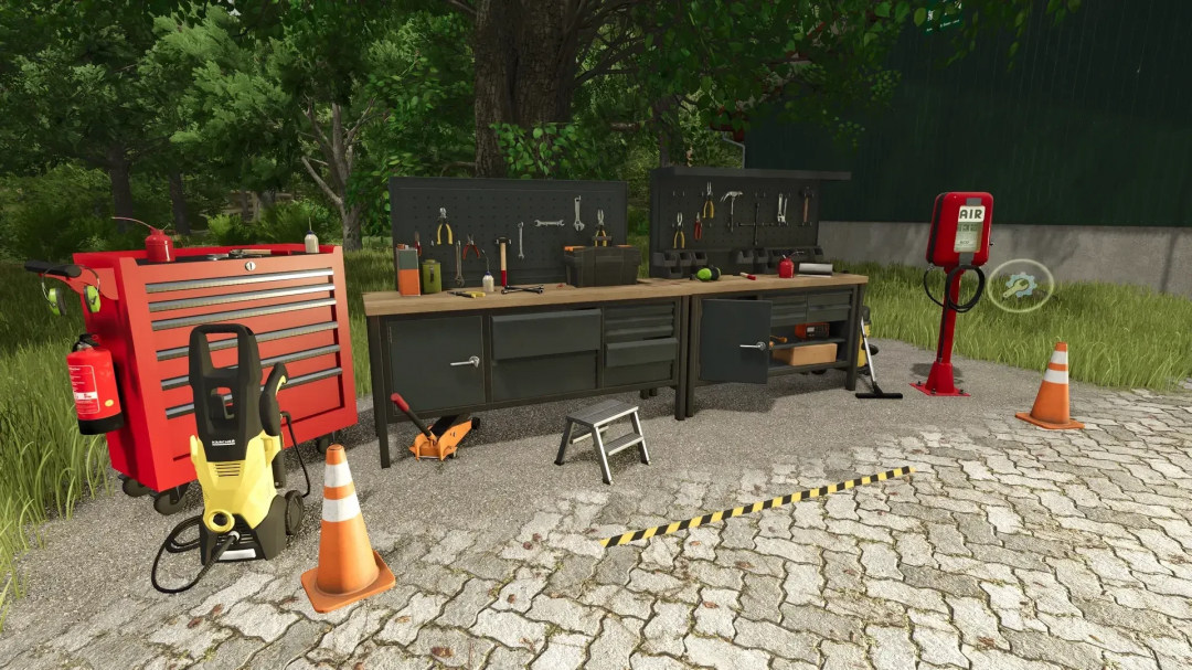 FS25 mod workshop v1.0.0.0 with tool bench, red tool cabinet, air machine, cones, set outdoors in Farming Simulator 25.