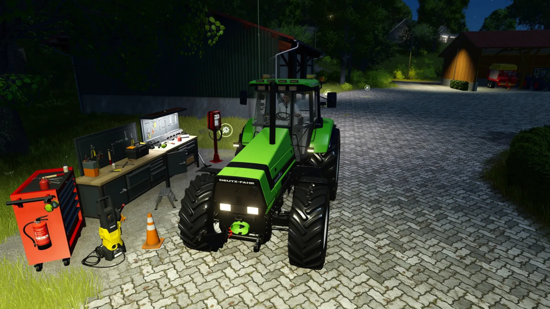 FS25 mod Workshop v1.0.0.0 shows a Deutz-Fahr tractor beside a workbench with tools and equipment.