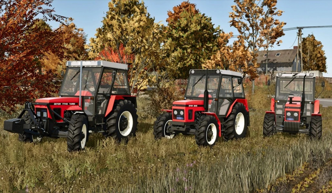 Three Zetor tractors from the FS25 ZETOR 6245-7745 Pack mod, showcased in a rural setting with autumn trees.