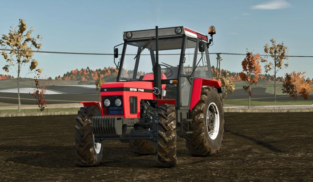 Red ZETOR 7745 tractor in Farming Simulator 25 ZETOR 6245-7745 Pack mod. Autumn landscape background.