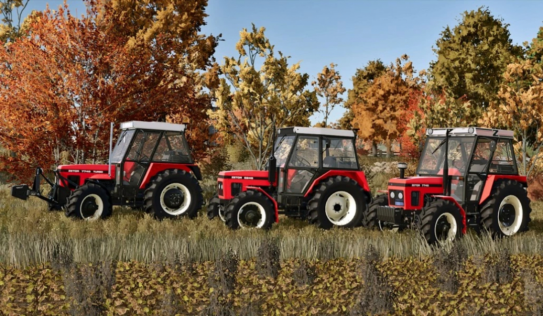 ZETOR 6245-7745 Pack mod for Farming Simulator 25 showcasing three red tractors in a fall landscape.