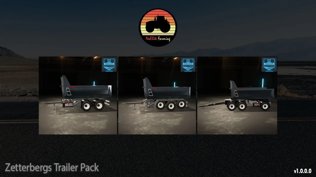 FS22 Zetterbergs Pack v1.0.0.0 featuring three dark trailers in a garage setting.