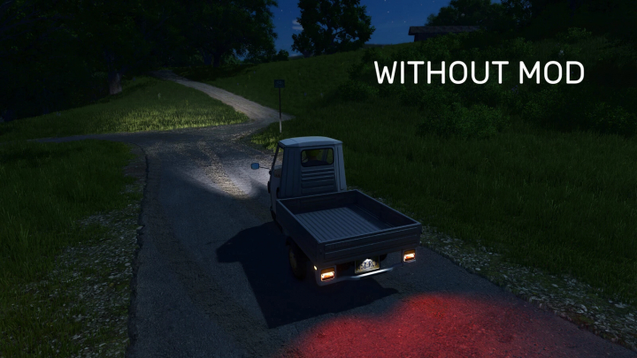 fs25-mods,  FS25 game night scene without All Lights mod, showing limited vehicle light on road.