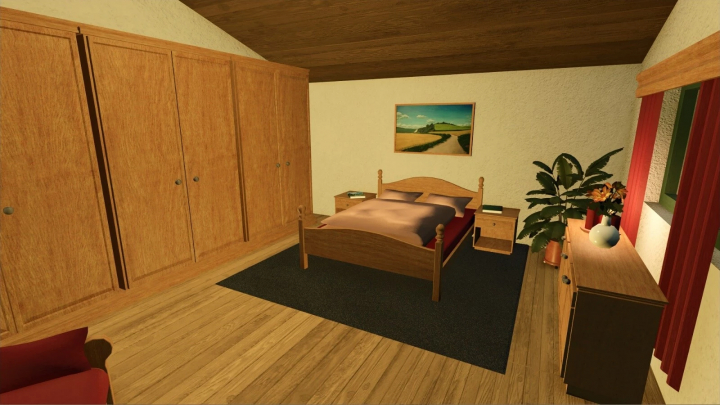 fs25-mods,  Cozy bedroom interior in the Alpine Farm House mod for FS25, featuring wooden furniture, a bed, and decorative plants.