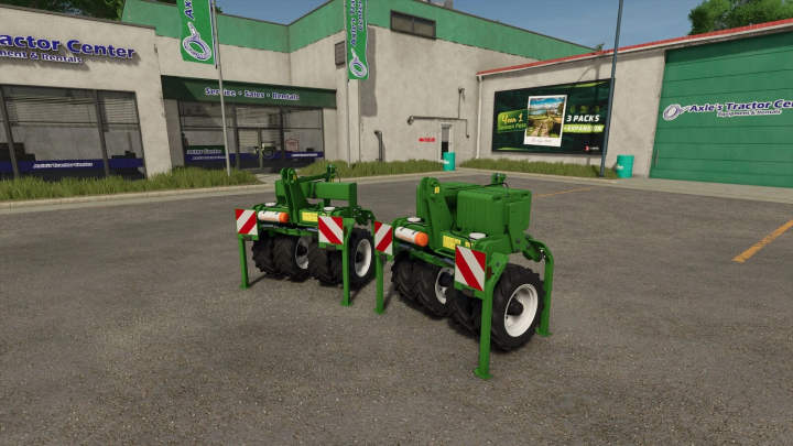 fs25-mods,  Amazone T-Pack U v1.0.0.0 mod showcased in FS25, featuring two green farm implements in front of a tractor center.