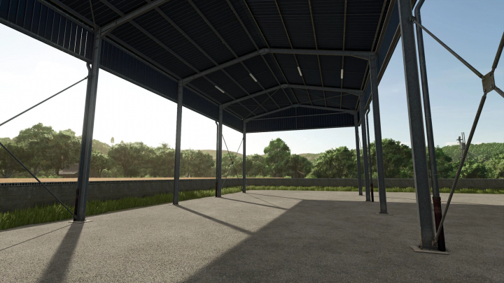 fs25-mods,  FS25 mod Awning Tubers v1.0.0.0 featuring a large open steel structure against a scenic landscape.