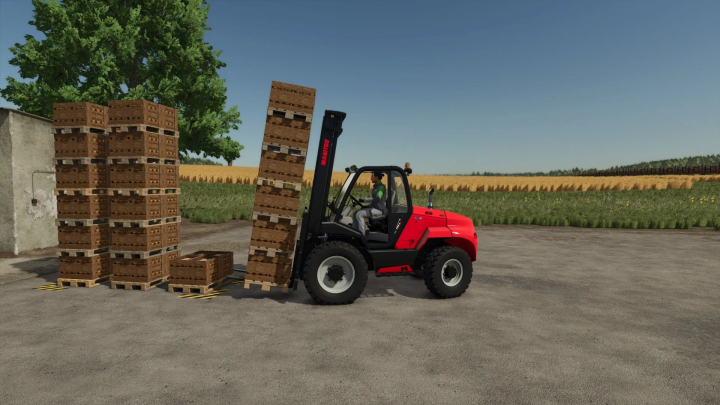 fs25-mods,  Bee Hive Pallet Spawner x18 mod in FS25 with forklift stacking honey crates in a field.