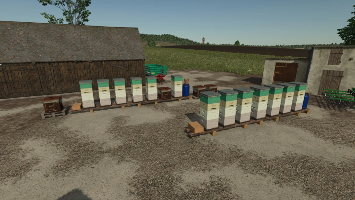 fs25-mods,  Beehives Pack v1.0.0.0 mod for FS25 showing rows of beehives on a farmyard.