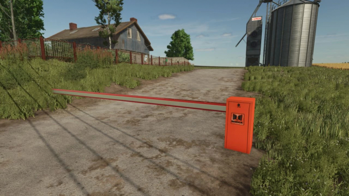 fs25-mods,  FS25 mod Beninca Barrier Placeable near a farmhouse and silo on a dirt road.