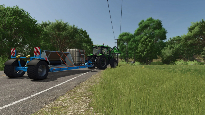 fs25-mods,  FS25 mod: Bremer Transport Trailer v1.0.0.0 with tractor on rural road, showcasing Farming Simulator 25 features.