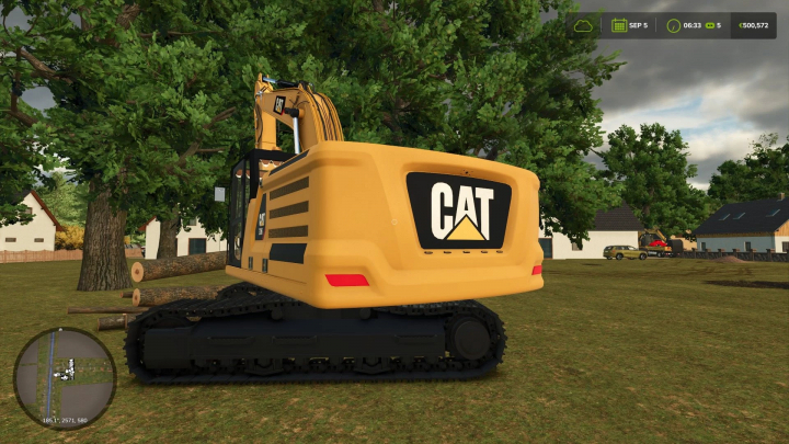 fs25-mods,  CAT 336 NextGen excavator mod in Farming Simulator 25, displayed near logs and trees.