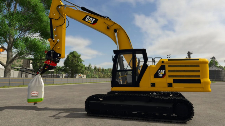 fs25-mods,  FS25 mod CAT 336 NextGen v1.3.0.0 showcasing excavator lifting a bag in Farming Simulator 25.