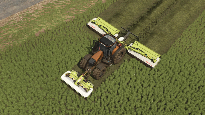 fs25-mods,  Top view of CLAAS DISCO mower from Farming Simulator 25 mod pack, cutting grass in a field.