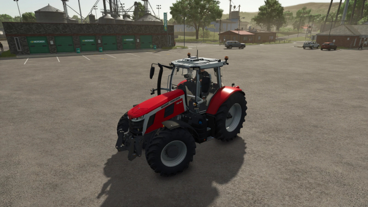 fs25-mods,  Red tractor in a parking lot, showcasing the Camera Hotkeys mod in Farming Simulator 25.