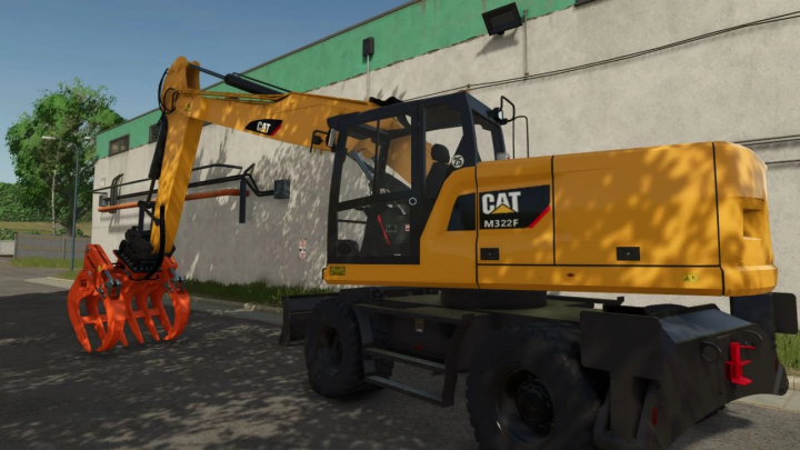 fs25-mods,  Caterpillar 322F mod for FS25 displayed in a yard, showcasing its orange grab arm and yellow cabin.