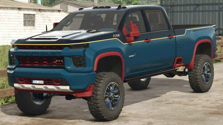 fs25-mods,  FS25 mod Chevrolet Carhartt Silverado in blue and red showcased in a farm setting.