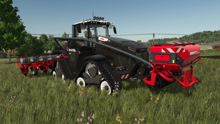 fs25-mods,  Claas Xerion 12 v1.0.0.3 mod in Farming Simulator 25, featuring a detailed black tractor with red farming attachments on a grassy field.