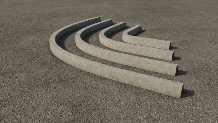 fs25-mods,  Concrete Curbs Pack v1.0.0.0 mod for FS25 showing various curved concrete curbs on pavement.