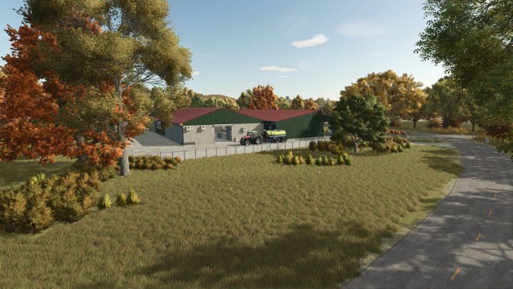 fs25-mods, FS25 mod Cow Barn Big with LIZARD Mixfeeder, featuring a large barn in a scenic countryside setting.