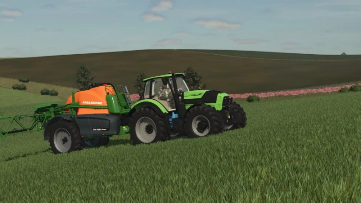 fs25-mods,  Deutz Fahr Series 7 tractor with Amazon sprayer in FS25 mod, Farming Simulator 25 field scene.