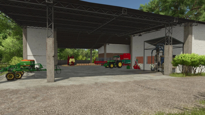 fs25-mods,  FS25 mod Estancia Lapacho Barn v1.0.0.0 featuring farm equipment and machinery inside a barn.