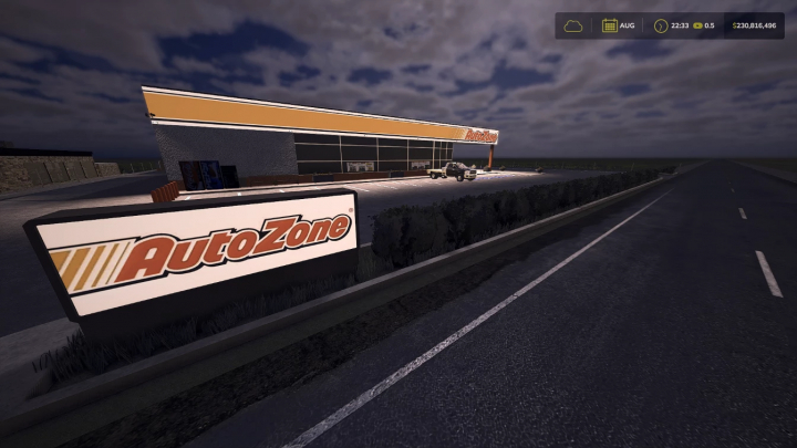 fs25-mods,  FS25 Autozone mod v1.0.0.0 features a realistic AutoZone store at night in Farming Simulator 25.