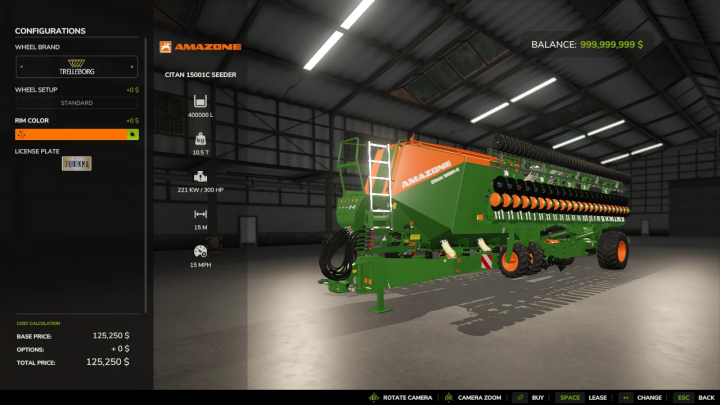 fs25-mods,  FS25 Citan 15001C Seeder V1.2 update in a virtual garage, showcasing configurations in Farming Simulator 25 mod.