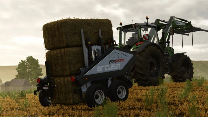 fs25-mods,  FS25 ForStack 8 mod in Farming Simulator 25 showing a hay bale stacker attached to a tractor in a field.