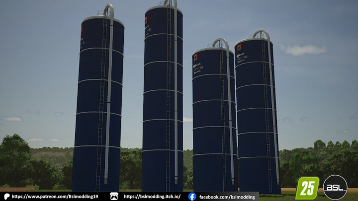 fs25-mods,  Four blue Harvestore silos mod for FS25 Farming Simulator 25 against a forest backdrop.