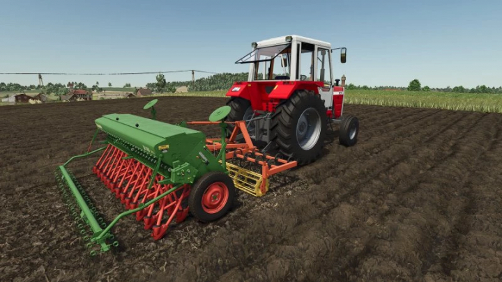 fs25-mods,  Tractor in FS25 Hassia pack mod plowing a field, Farming Simulator 25.