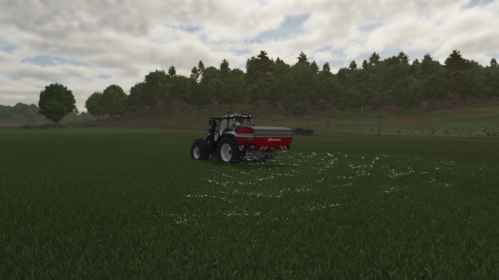 fs25-mods,  FS25 Kverneland TLX Geospread mod in Farming Simulator 25 spreading fertilizer on a field.