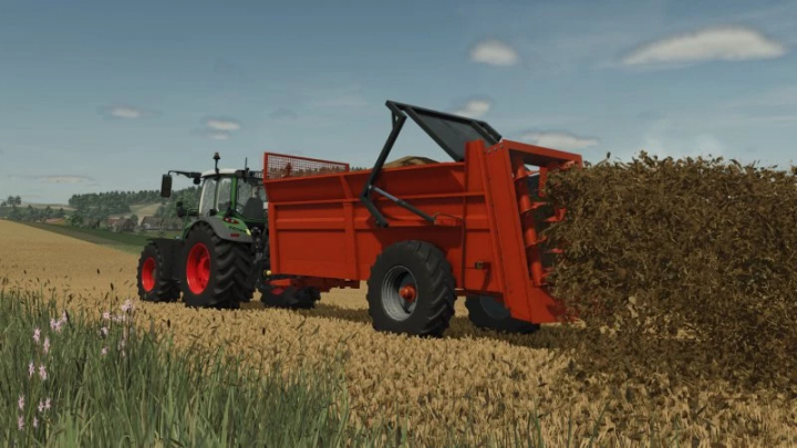 fs25-mods, FS25 Lizard 900 mod showcasing a red trailer spreading crops in a field, Farming Simulator 25.