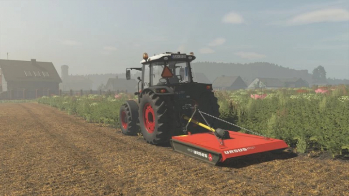 fs25-mods,  FS25 Ursus KROZ/1 v1.0.0.0 mod featured in Farming Simulator 25, showcasing a tractor mowing a field near a farmhouse.