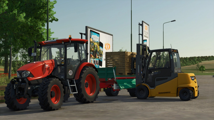 fs25-mods,  FS25 mods showcase Farmtech EDK 650 trailer attached to a red tractor and forklift, demonstrating farming equipment in Farming Simulator 25.