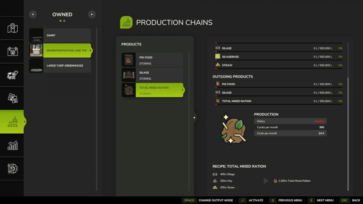 fs25-mods,  FS25 mods: Fermenter/Pig food/TMR v1.6.0.1 interface showing production chains and product storage details.