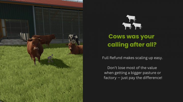 fs25-mods,  FS25 mod Full Refund v1.0.0.0, image of cows grazing near a barn, promoting easy farm scaling.