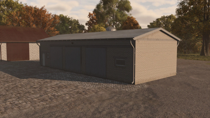 fs25-mods,  Brick garage in Farming Simulator 25 mod, Garage 18x7 v1.0.0.0, surrounded by trees.