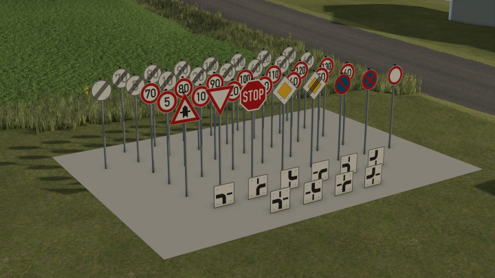 fs25-mods,  FS25 German Traffic Signs Mod v1.0.0.0 displaying various signs on a concrete platform.